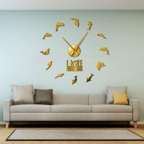 I Love Dolphins Large 3D DIY Wall Deco Clock Sea Animals Sea Hog Design Self Adhesive Clock Watch Creative Show Battery Operated