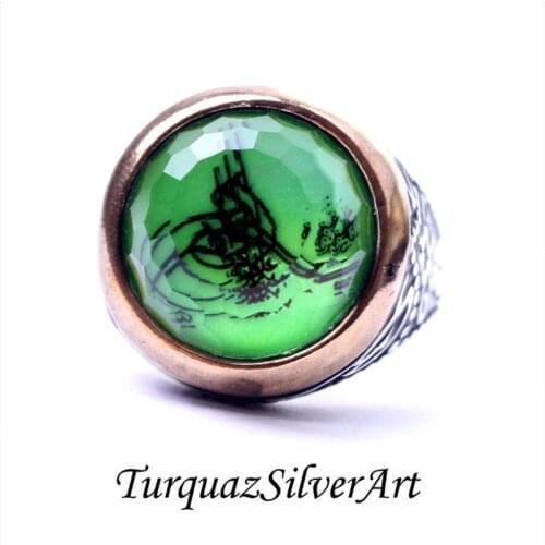 Handmade Mans Tughra Series Zircon Green Gemstone Ring, Mans 925 Silver Ring, Zircon Ring, Silver Handmade Ring