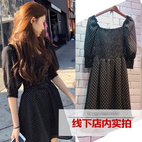 Kpop Korean Celebrity Black Polka Dot Dress Summer Streetwear Square Collar Chiffon Dress Women French Retro Sexy Mini Dresses