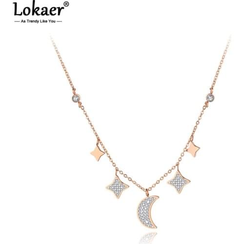 Lokaer Titanium Stainless Steel CZ Crystal Star Moon Charm Pendant Necklace Jewelry Trendy Choker Necklace For Women Girl N19116