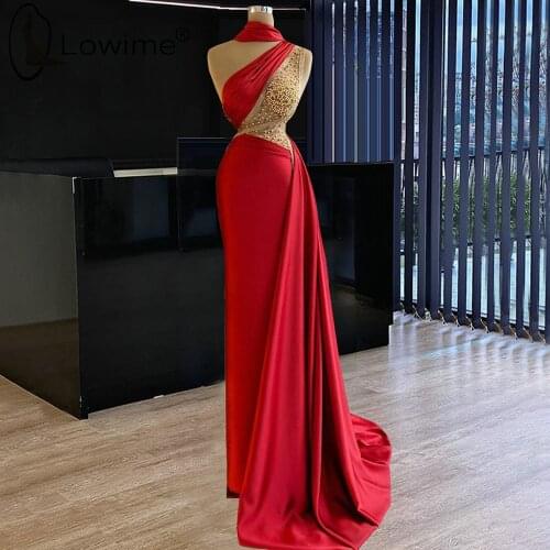 Lowime Simple One Shoulder Red Long Straight Evening Dresses Pearls Formal Women Gowns for Weddings abiti da sera Custom Made