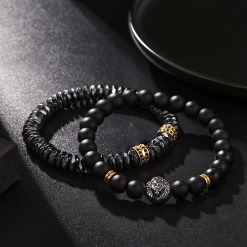 2pcs/set Men Bracelet Set Lion Charms Natural Magnetic Hematite Stone Beads Punk Bracelets for Men Jewelry friendship Gift