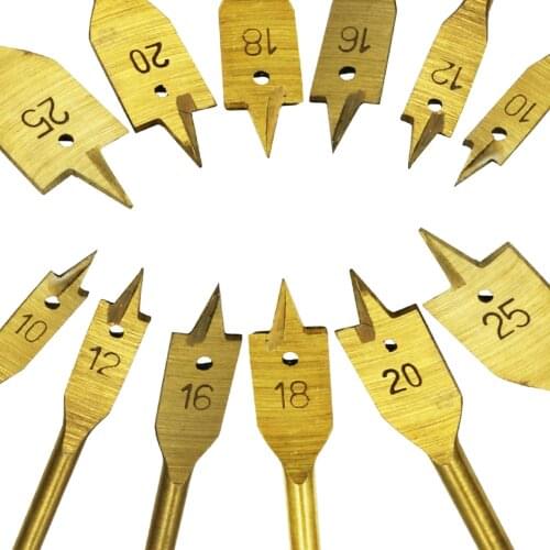 6pcs/set 10-25mm Titanium Flat Drill Long High-carbon Steel Wood Flat Drill Set Woodworking Spade Drill Bits