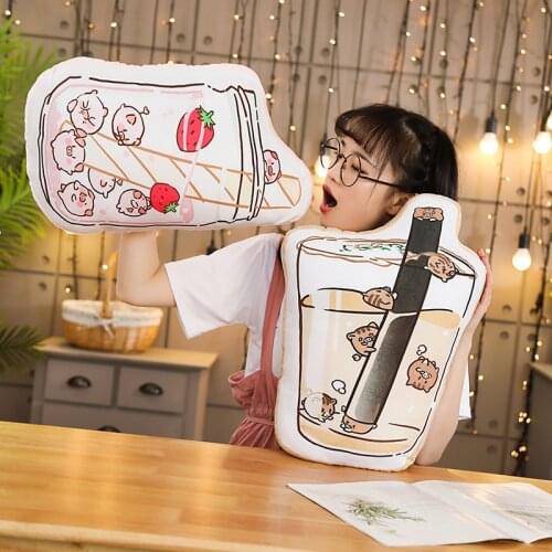 1PC Milk Tea Strawberry Pig Pillow Short Plush Doll Double Sided Pillowcase Room Decoration Cushion Sofa Pillow Birthday Gifts