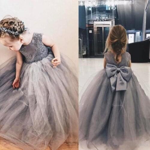 Grey Lace Tulle Flower Girl Dresses Appliques Girls Pageant Gowns Vintage Communion Dress Bow Back Puffy Tulle Christmas Dresses