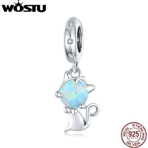 WOSTU Cute Cat Opal Bead 925 Sterling Silver Shiny Animal CZ Charm Fit Original Bracelet Pendant Necklace Lovely Jewelry CTC235