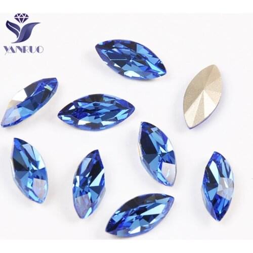 YANRUO 4200 Navette Sapphire Horse Eyes Blue Sewing Glass Crystal And Stones Point Back Claws Rhinestones Stones For Dress