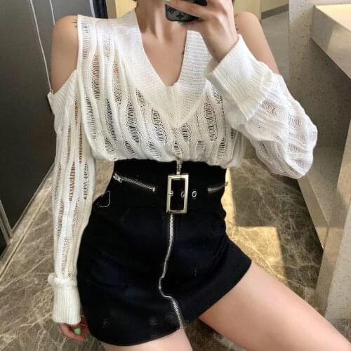 New Korean Lazy Wind Spring Womens Hollow Out Knitting Shirt Sexy Off Shoulder Pullover Sweater V-Neck Long Sleeve Knitwear Tops