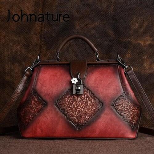 Johnature Retro Embossing Women Handbag Hand Brushing 2020 New Handmade Large Capacity Cowhide Female Shoulder&Crossbody Bags