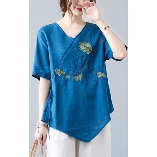 Women Cotton Linen Casual T-shirts New Arrival 2021 Summer Vintage Style V-neck Floral Embroidery Loose Female Tops Tees B858