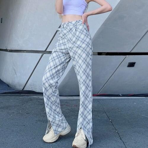 Womens Straight Pants Long High Waist Diamond Plaid Printed Split 2021 Summer New Vintage Y2K Fashion Female Casual Trousers