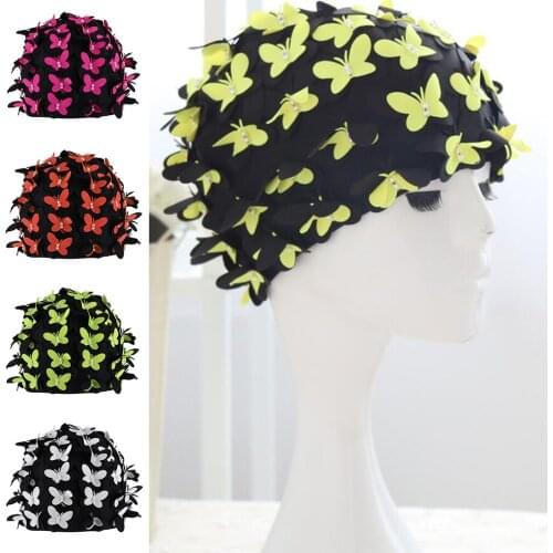 Swim Cap Women Stylish Retro Swimming Cap with Butterflies Pearls Decor for Long Hair Ladies Keep Hair Dry