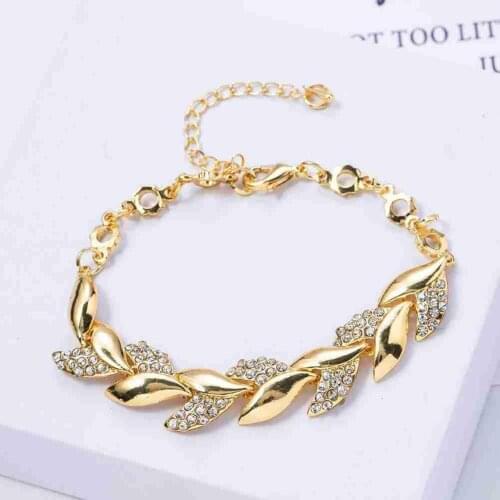 Bohemian Luxury Rhinestones Gold Color Leaves Women Bracelet Bangles Vintage Elegant Charm Jewelry Female Wedding Bracelet