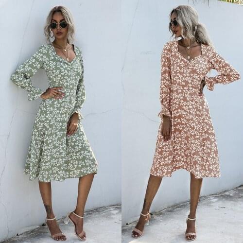 Long Dress Autumn Winter Elegant Ladies Floral Flower Print Long Sleeve Green Slim Fitted Clothes 2021 Trendy Dresses For Women