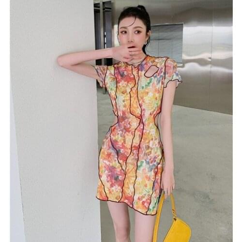 Vintage Color Oil Painting Dress Women 2021 Summer New Design Bodycon Frill Hollow Out Stretchy temperament Floral Dress