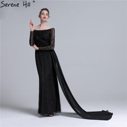 Long Sleeve Black Mermaid Tulle Evening Dress Beading Sequined Evening Gowns Robe De Soiree 2020 Real Photo Serene Hill BLA6009