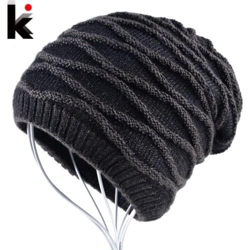 Winter beanie men hat water ripples stocking cap mens skullies knitted hats plus velvet thicker bonnet beanies for men gorro