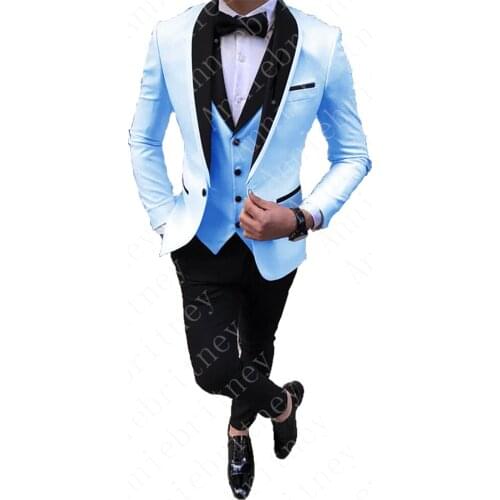 2021 Men Suits for Wedding Sky Blue Jcaket Vest with Black Pants 3 Pieces Set Slim Fit Terno Masculino Groom Tuxedo Dress Blazer