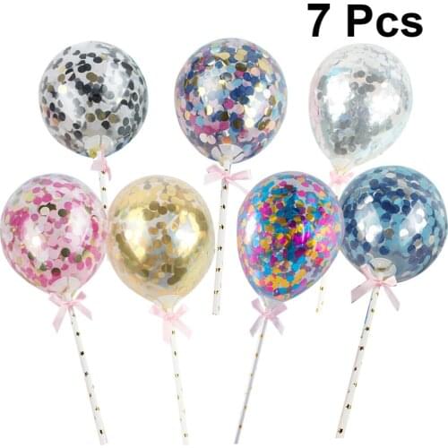 7PCS Sequins Balloons Cake Toppers Creative Confetti Balloons Cake Plug Birthday Decorative Sequined Balloon Cake Toppers for Bi