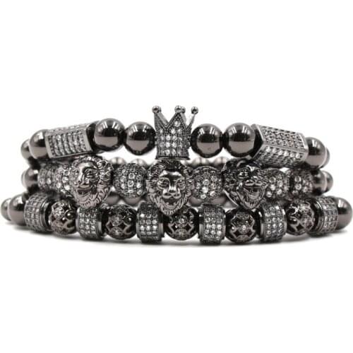 8mm 3set/lot nsilj35r gold Crown Lion head copper micro pave cz zircon cubic zirconia Bracelet adjusted Charm Bangles