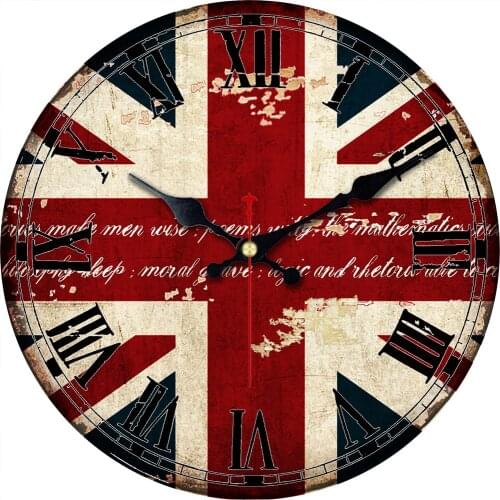 Wooden Wall Clock UK British Flag Union Jack Clock Retro Vintage Large Clock Home Dec Non -Ticking Silent Quiet 14 Inch Gift