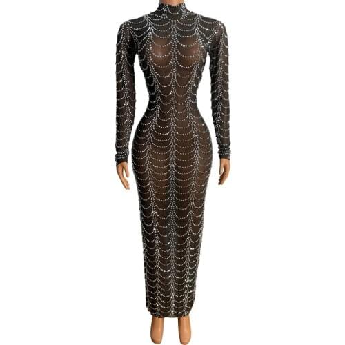 Black Mesh Silver Rhinestone Transparent Dress Women Birthday Evening Party Bodycon Dress Sexy See Through Long Dress Stage Wear