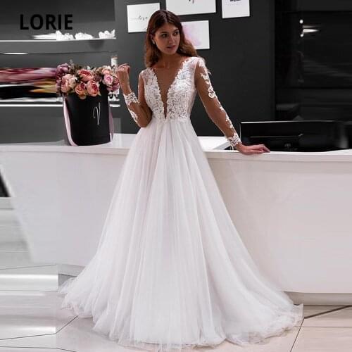 LORIE Elegant Lace Appliques Wedding Dresses long Sleeve Bridal Gowns Boho V-neck Beach Wedding Gown Plus Size White Ivory Dress