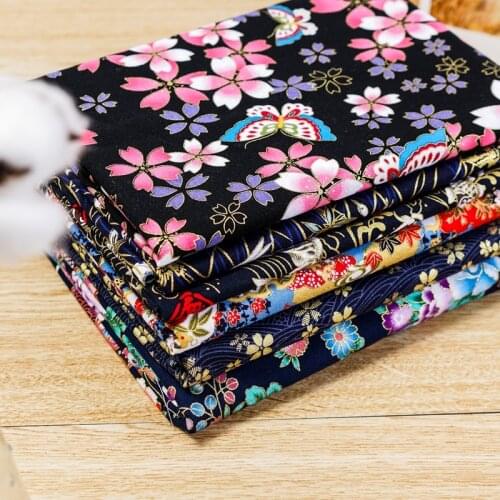 Printed Bronze Dark Blue Cotton Fabric Japanese Style Flower Pattern Fabric For Kimono Cheongsam And Diy Bag TJ8692-2