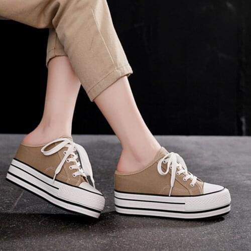Platforms Canvas Shoes Women Wedge Sneakers Heels 8cm Lace-up Fashion Shoes Woman Platform Sneakers Women Casual Half Slippers
