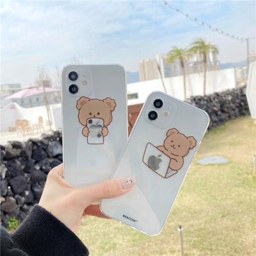 Cute Transparent Bear Phone Case For iPhone 11 12 Pro Max Mini XR XS Max 7 8 Plus SE 2020 Phone Accessories Soft Back Cover