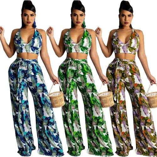 Fashion High Street Two-piece Suit Sexy Sleeveless Halter Bandage Tank Tops High Waist Lace-up Wide-leg Pants 2 Pc Set 3 Colors