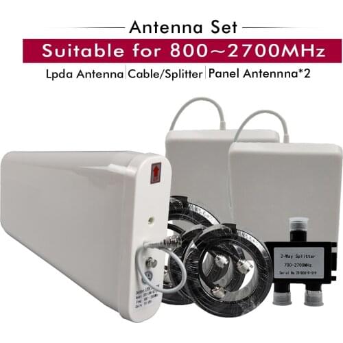 Outdoor LPDA Antenna+2 PCS Panel Indoor Antenna+1/5/10/15 Meters Cables+2-way Splitter Set for 800~2700MHz Mobile Signal Booster