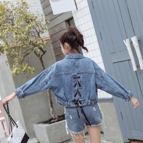 2019 autumn and winter new Korean version of the lapel long-sleeved lace-up denim jacket womens short jacket top