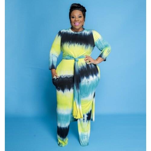 2021 Autumn and Winter New Woman Two Piece Suit Plus Size Tie Dye Fashion Casual Loose Belt Large-size Womens Two Piece Set