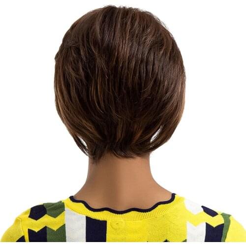 Real Human Hair Wig Women Hairpieces Brown Layered Oblique Fringe Safe