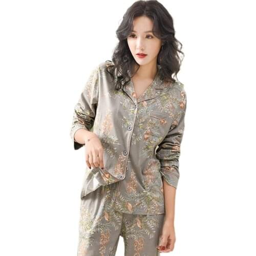 Pajamas For Women 2021 New 100% Pure Cotton Women Home Suit XXXL Grey Floral Lapel Cardigan Top+Long Bottoms 2 Pcs Women Pajamas