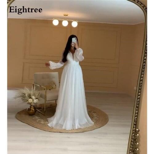 Eightree Simple Glitter A Line long Boho Wedding Dresses Long Puff Sleeves V Neck Beach Bridal Gowns Pleated Robes De Mariage