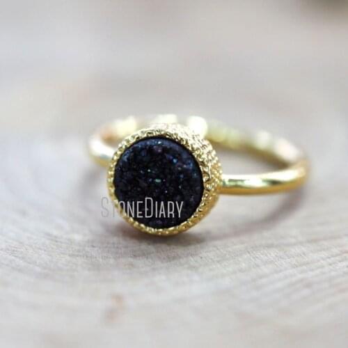 RM6366 10Pcs Copper Ring Titanium Black Druzy Crystal Gold Color Circle Ring Clearance 6-8