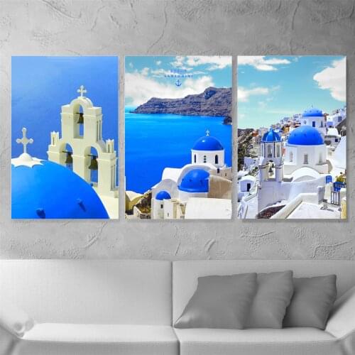 Self-adhesive Wall Stickers Painting Santorini Blue Roof Greece Greek Poster Pictures Wall Decor Wall Art Prints Home Decoration