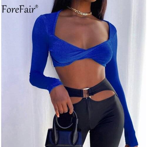 Forefair Sexy V Neck Crop Top Blue Women Summer 2021 Fashion Casual Long Sleeve Tee Y2K Vintage T Shirts Female