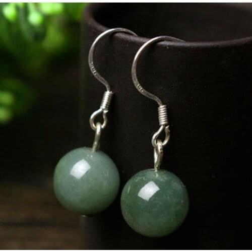 925 Silver Natural Jade Emerald Swing Earrings 10mm Bead Charm Jewellery Fashion Accessories Hand-Carved Man Woman Amulet Gifts
