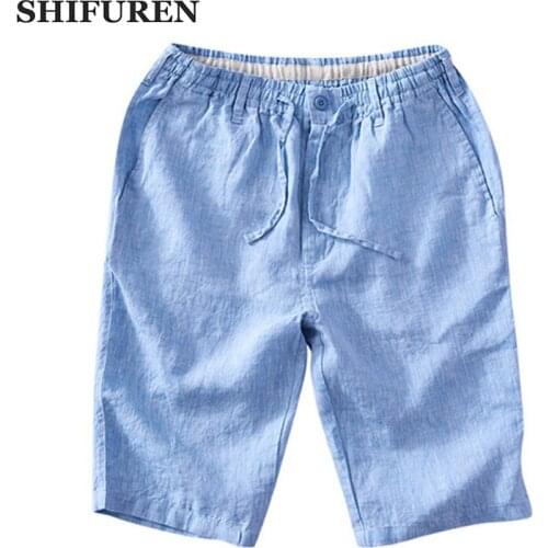 SHIFUREN Summer New Mens Linen Shorts Drawstring Elastic Waist Breathable Casual Male Beach Shorts Knee Length 7 Colors