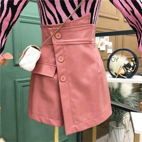 Korea New Fashion 2020 Autumn Shorts Womens Pu Faux Leather Solid Color Irregular Hips Button Elegant Mini Shorts