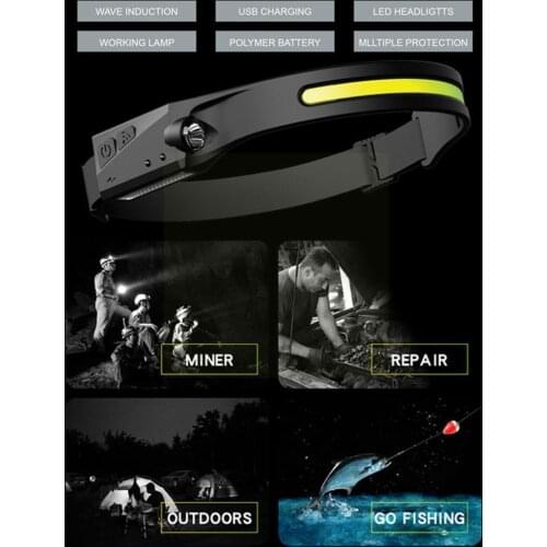 Cob Led Headlamp Sensor Headlight With Built-in Battery Lighting Head Rechargeable 3 Torch Flashlight Light Modes Lamp USB X4Y7