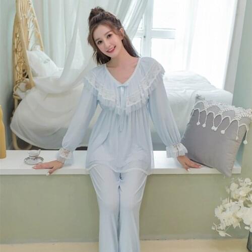 Spring Modal Gauze Long Sleeve Womens White Lace Pajamas Sets Vintage Princess Pyjamas Sweet Girls Home Nightwear