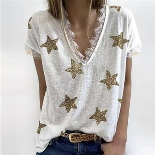 2021 Women Summer T-Shirt V-neck Star Print Lace Ladies Short Sleeve Tees Casual Loose Basic Top Female Clothing