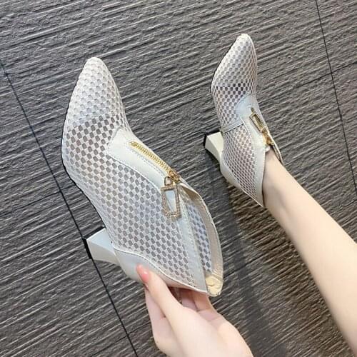 Ladies Martin Boots Pointed Toe Sexy Zipper Hollow Summer Breathable Square Heel Temperament High Heel Net Boots Hot Sale