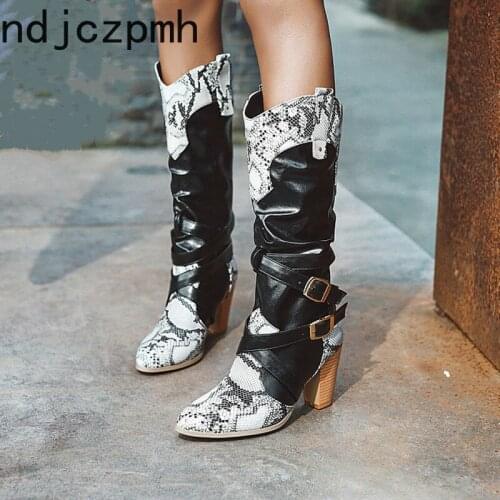 Womens Boots Fashion Winter The New Pointed Color Matching Belt Buckle High Heel Middle Tube Womens Shoes Plus Size 34-47