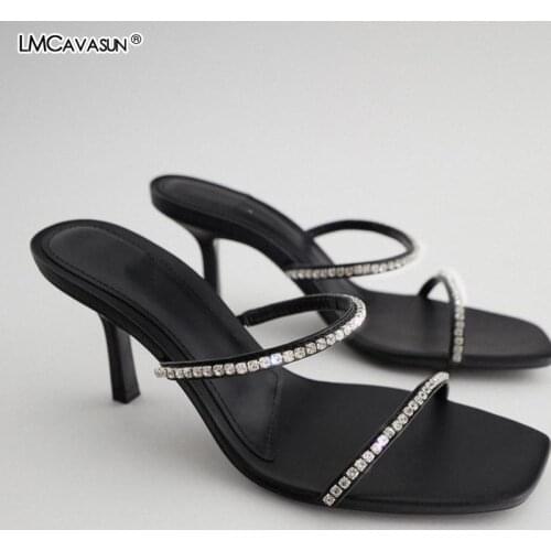 LMCAVASUN Womens shoes Black square head Rhinestone accessories High-heeled sandals