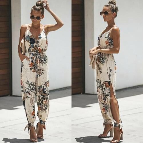 Womens Jumpsuits 2021 Summer Casual Women Summer Sexy Backless Casual Deep-V Floral Print Strappy Jumpsuits Romper